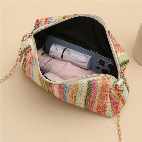 Women’s Straw Tote Bag Rainbow Striped Casual Beach Shoulder Bag Summer - Picture 5 of 6